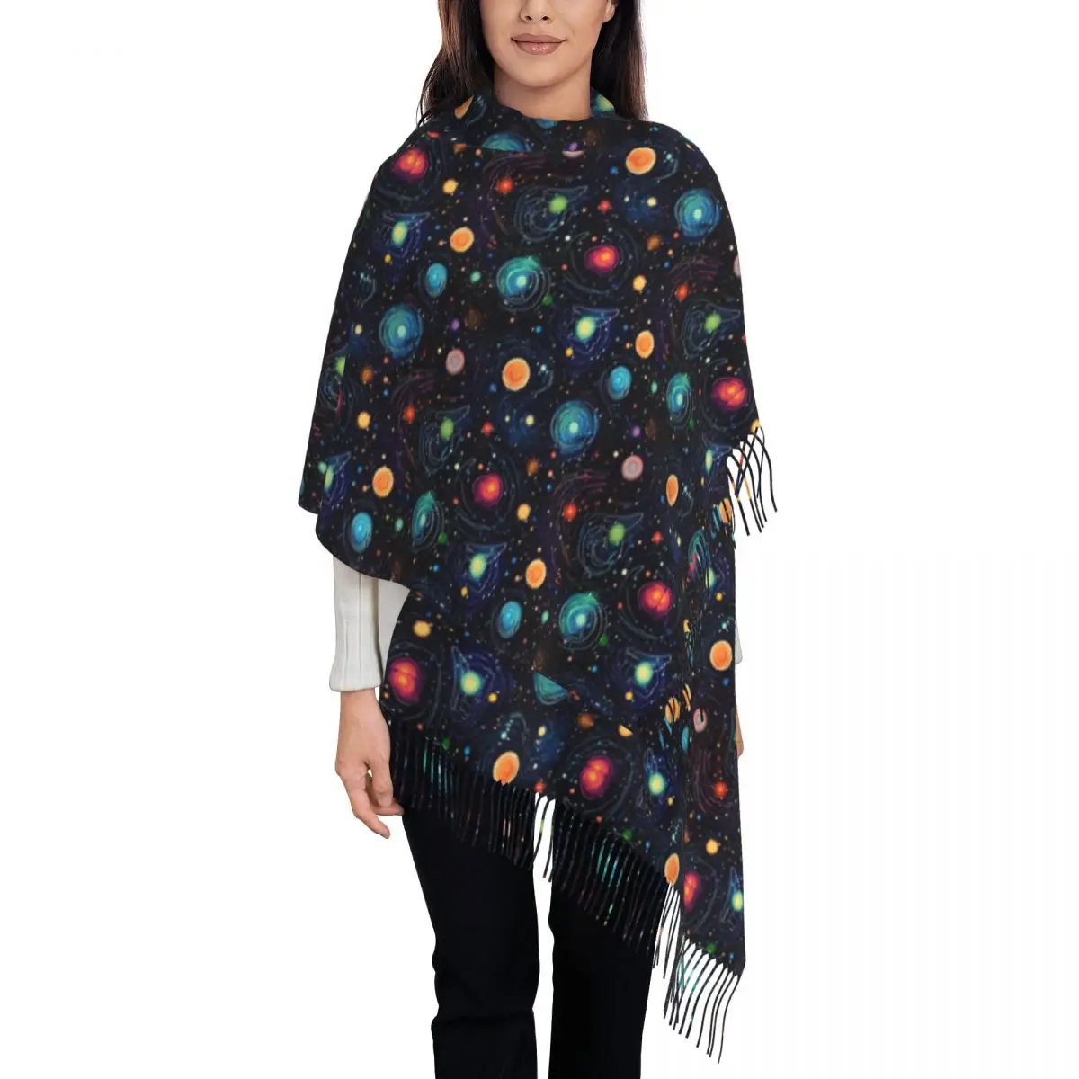 

Galaxy Star Scarf with Tassel Funny Exploration Constellation Warm Soft Shawl Wrap Lady Headwear Scarves Autumn Luxury Bufanda