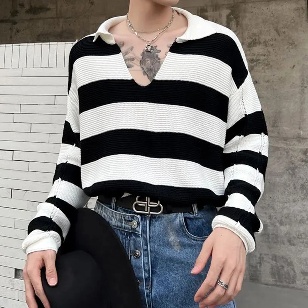 

Mens Autumn Winter Knitted Sweaters 2023 Autumn New Sexy V-Neck Striped Essential Casual Loose Knitted Sweater Jacket For Men