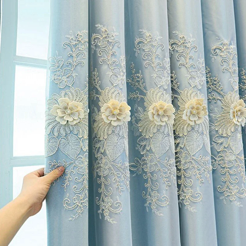 

High-end Embossed Embroidered Tulle Luxury Romantic Blue Double-layer Blackout Window Curtains For Princess Girls Bedroom Drapes
