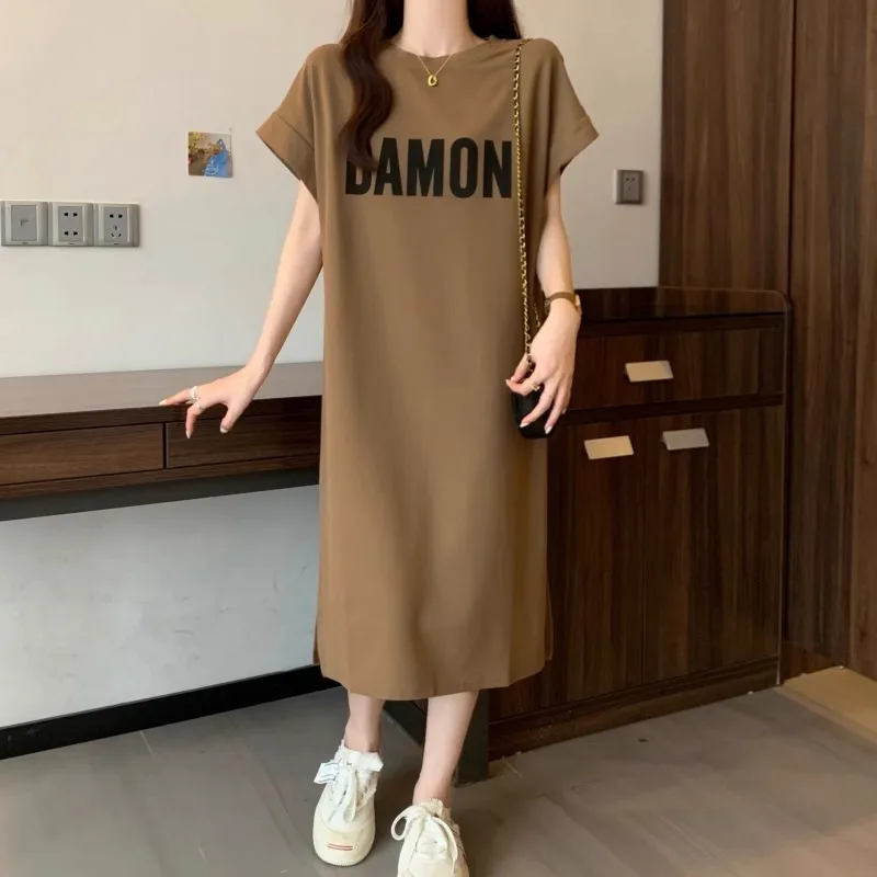 Women's Loose Letter Print T-Shirt Dress Summer Casual Short Sleeve Midi Dress Oversized Streetwear Female Long Dress 1