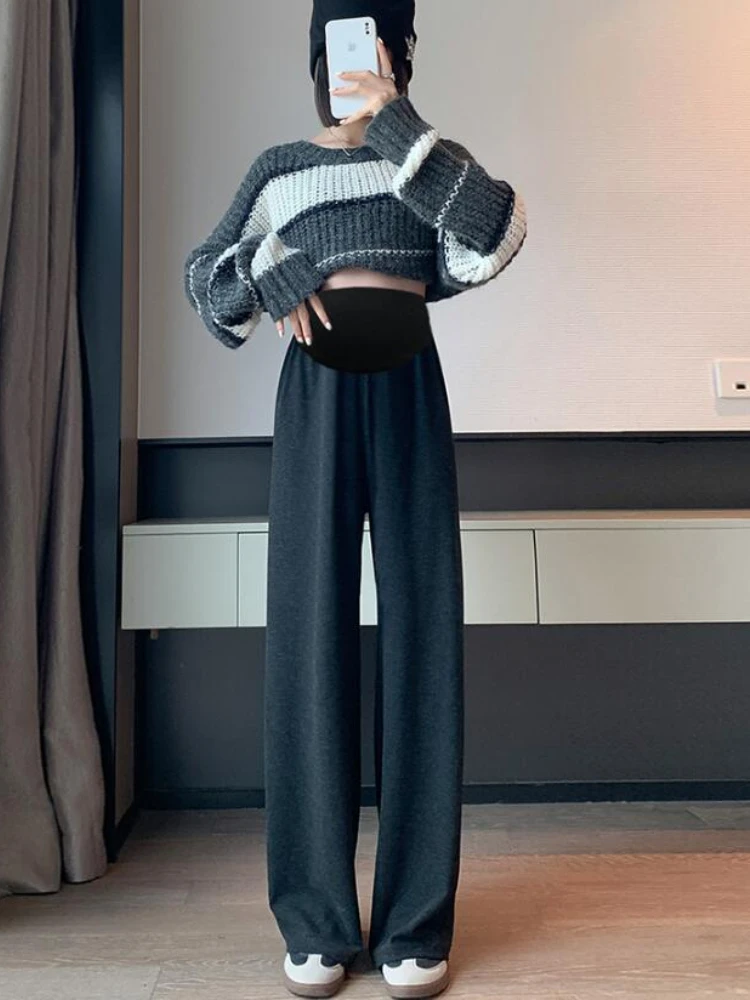 Autumn Winter New Style Pregnant Women's Wide Leg Pants High Waist Straight Legs Maternity Belly Trousers Solid Color Boot Cut 6