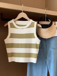 Korean Version Vintage Sweet Hot Girl Short Knitted Striped Camisole Women's Summer Outer Wear Pure Desire Chic Sleeveless Top