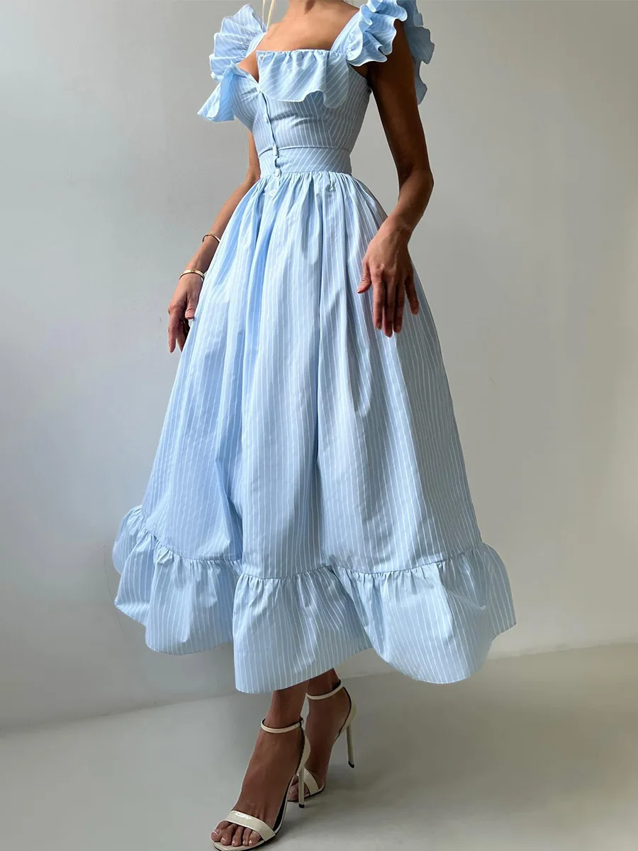 Bornladies Women's 2025 Summer New Striped Dress Button Front Slim Fitted Waist Midi Dress Flutter Sleeves Side Slit