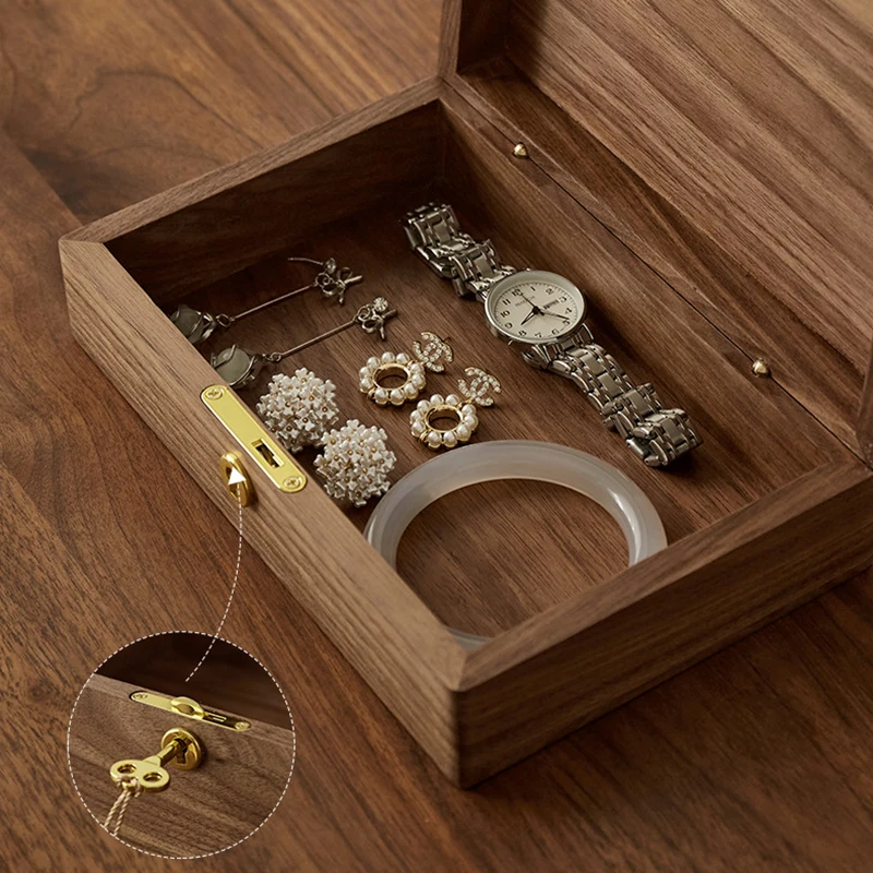 Solid Wood Jewelry Box Walnut Ring Earring Storage Display Boxes Luxury Women's Bracelet Jewelry Packaging Box with Lock