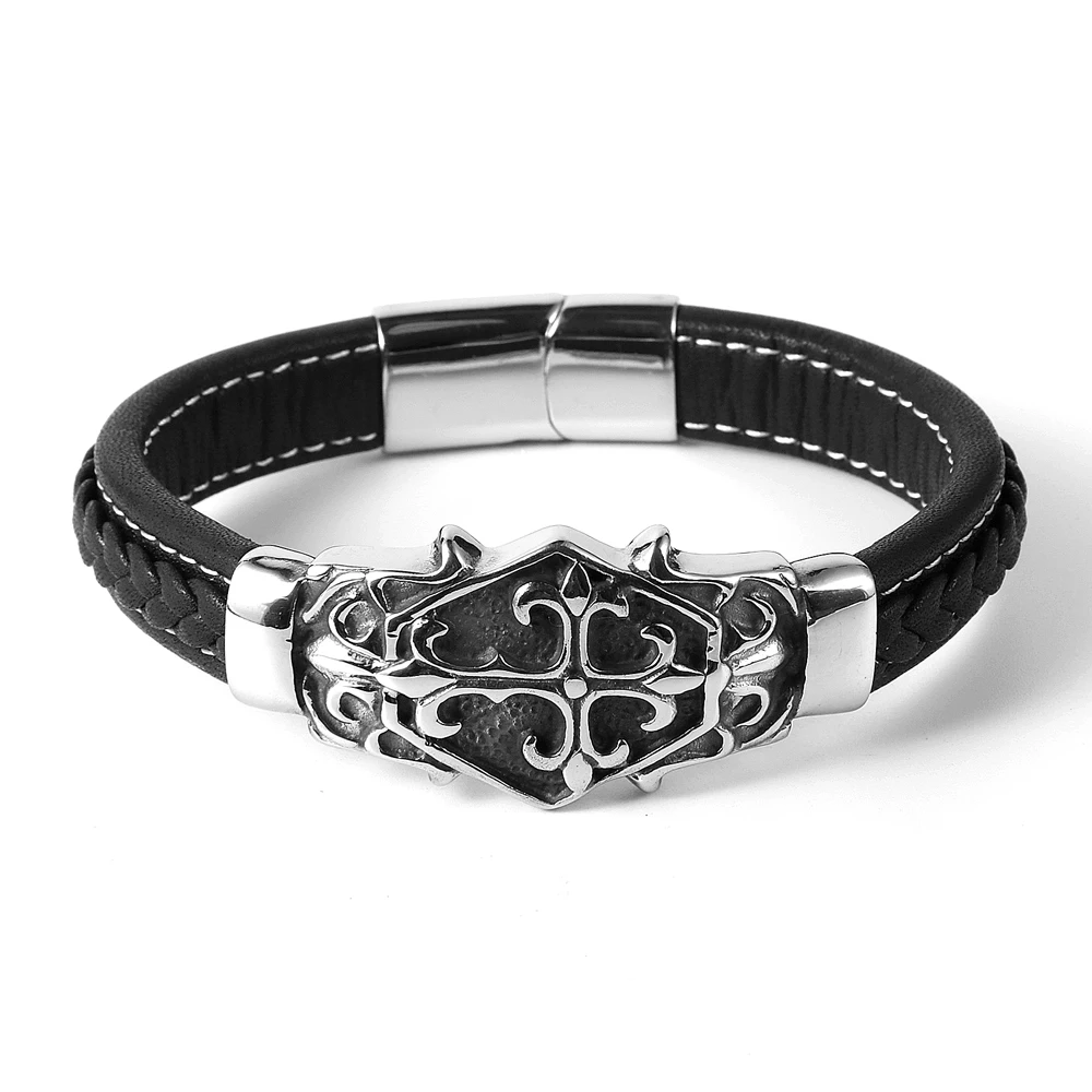 Nabest Vintage Brown Black Genuine Leather Bracelet for Men Cross Bracelets Silver Stainless Steel Charm Magnetic Buckle Bangles