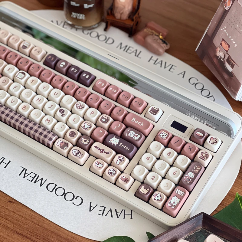 Teclado Mecânico Bonito Keycap Meow Keycap Coffee Color Perfil Moa Pbt Keycap para mx Switch Jogo Faça Você Mesmo Presente Personalizado 141 Keys Set - Imagem 5