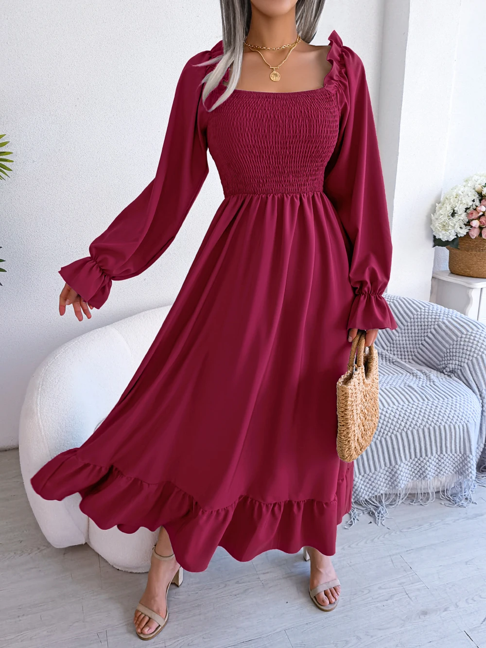 Autumn Casual Women Long Sleeve Ruffled Dress