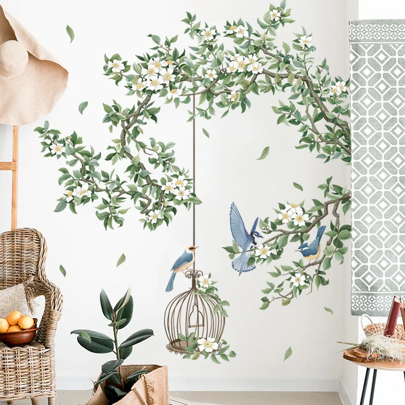 Colorful Flower Birdcage Flying Birds Wall Sticker Home Decor Living Room Bedroom Nursery Window