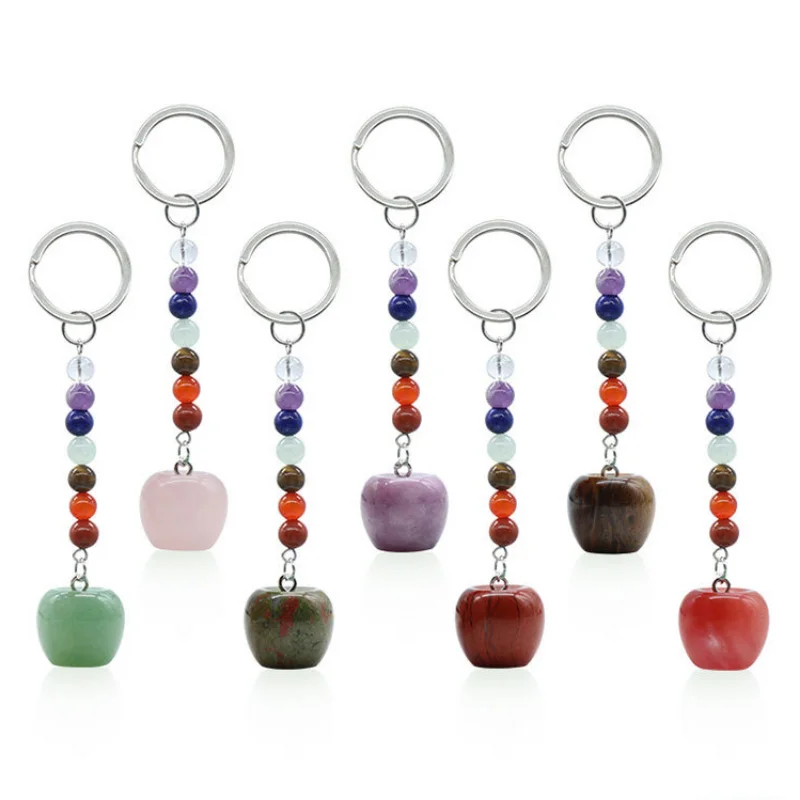 

10pc Little Apple Statue Key Rings 7 Colors Chakra Beads Chains Stone Charms Keychains Healing Crystal Keyrings for Women Men