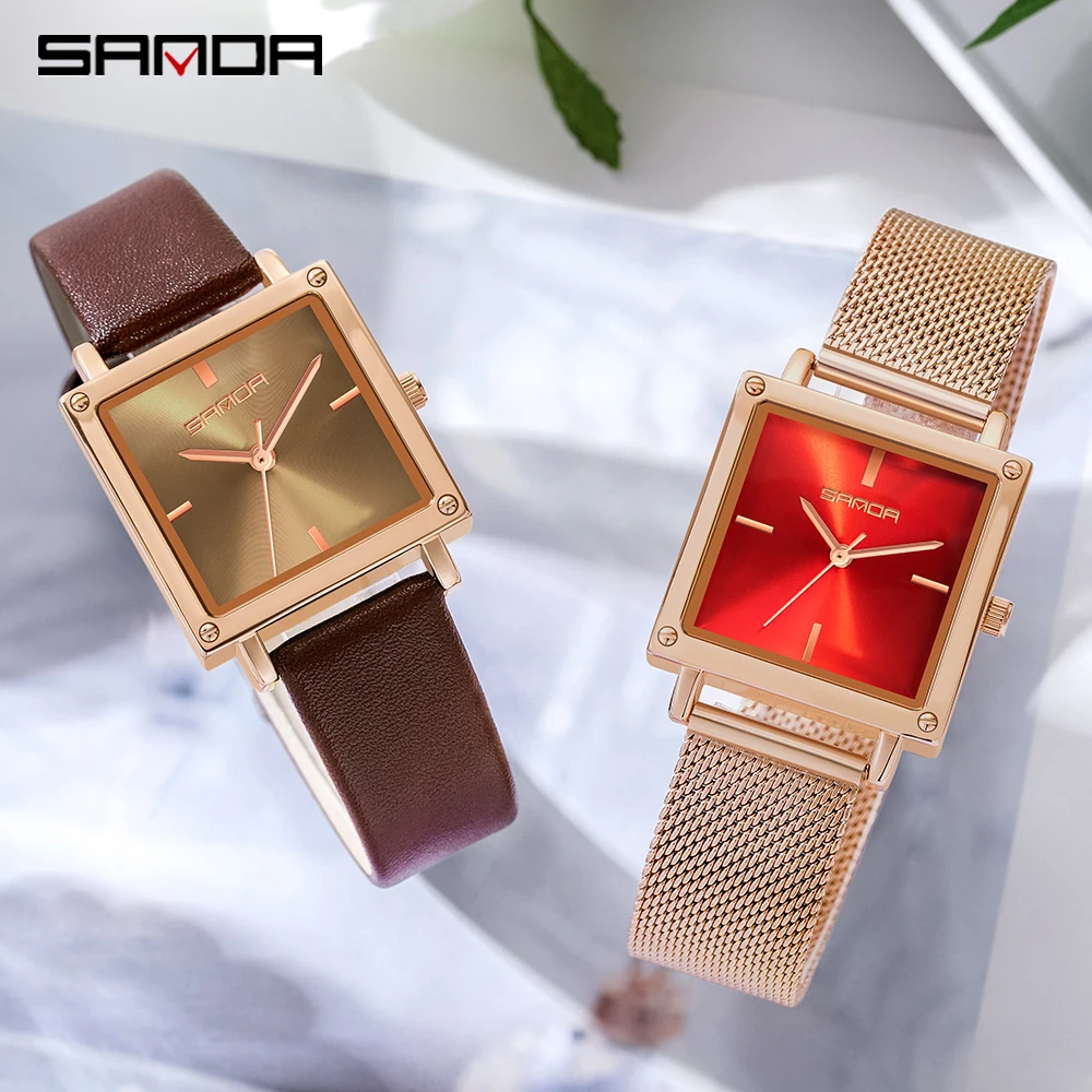 SANDA Women Square Sport Watches Fashion Leather Strap Analog Quartz Wristwatch Big Dial Vintage Elegant Ladies Watch Reloj Muje