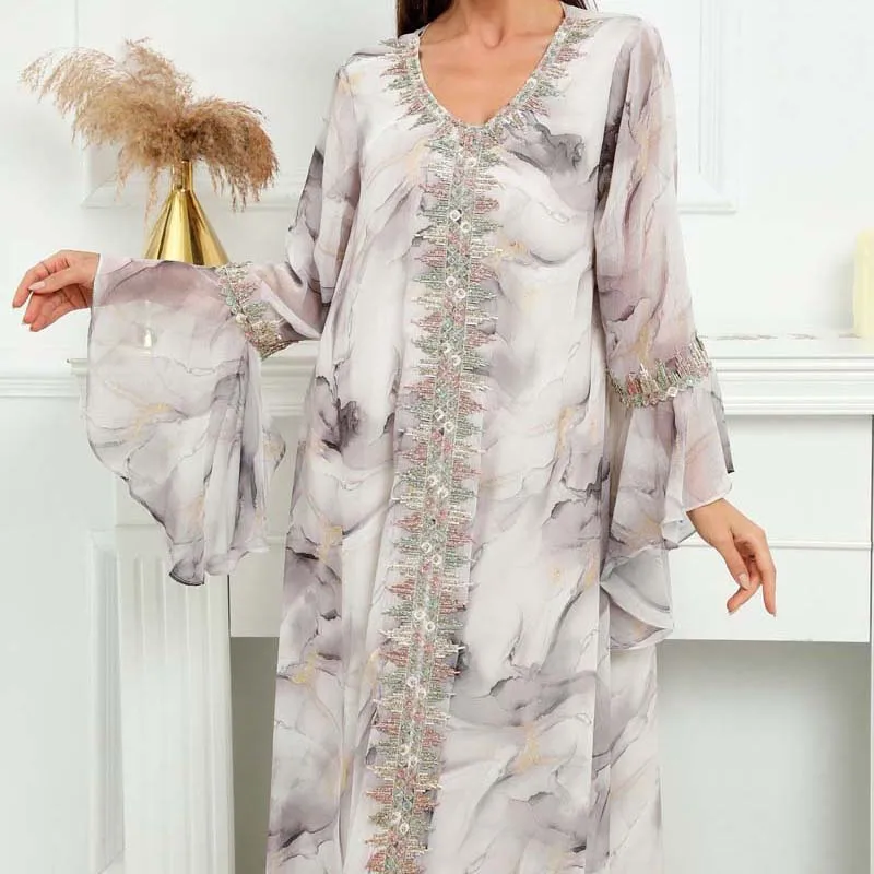 Fashion Party Evening Dress Women Gorgeous Floral Sequins Lace Muslim Abaya Fancy Robe Islamic Kaftan Long Flare Sleeve Gown