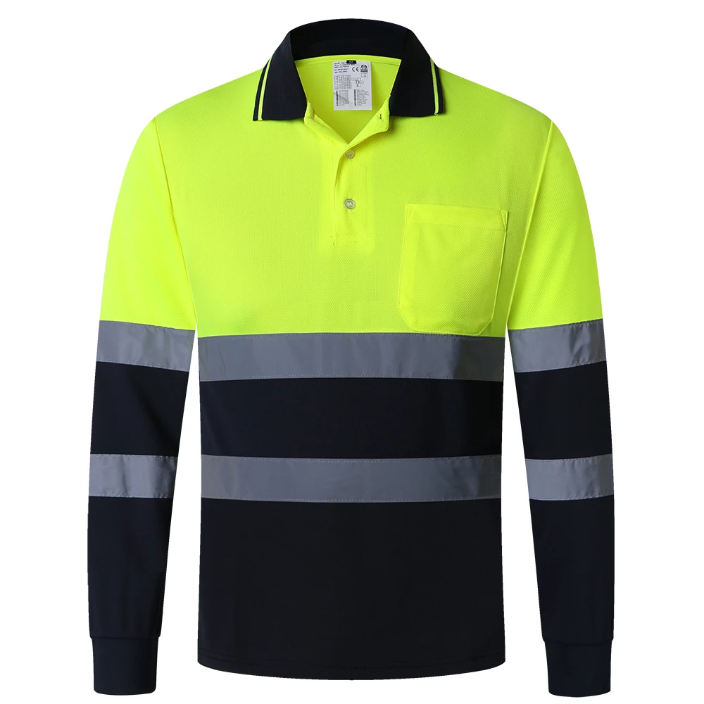Two Tone Long Sleeve Safety Polo Shirt Orange High Visibility Reflective Shirt With Pockets Hi vis work shirt