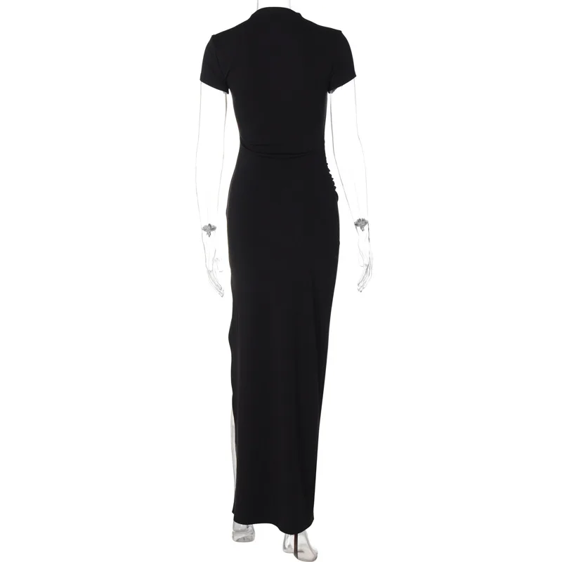 Solid Button Hollow Out Slit Bodycon Short Sleeve Women'S Dresses Long Streetwear Casual Outfit Summer Fashion