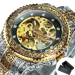 Vintage Engraved Skeleton Mechanical Watch with Rotating Bezel and Luminous Stainless Steel Strap (BOX GOLD BLACK)