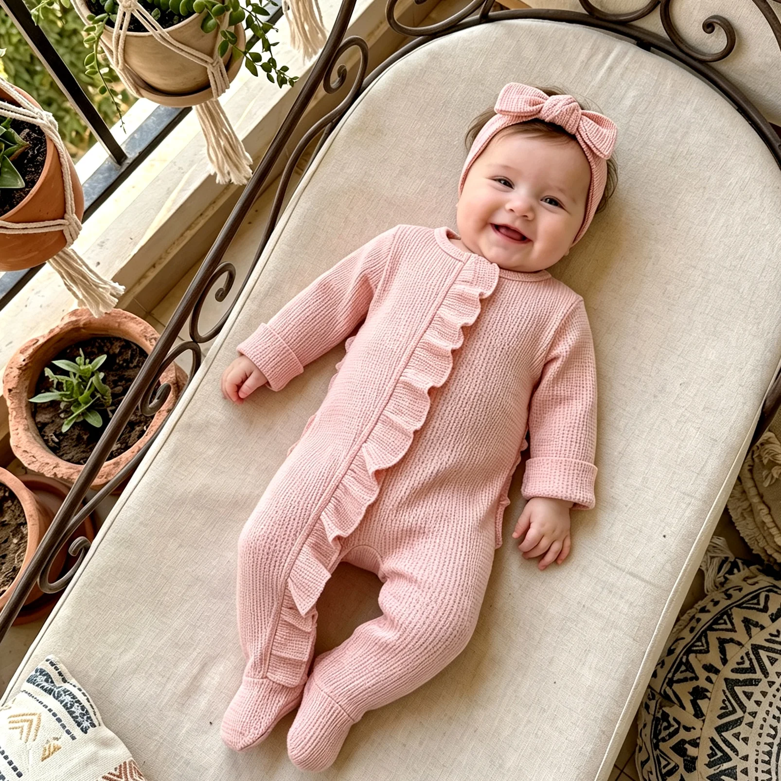 0-6M Neonato Footies Tuta con fascia Ragazze Ragazzi Abbigliamento Infantile Tinta unita Manica lunga Volant Pagliaccetto Abiti