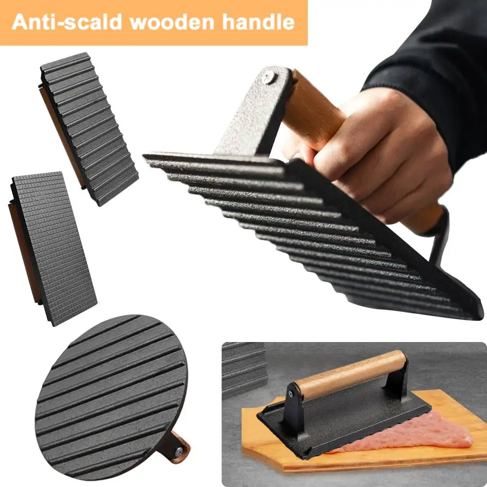 Cast Iron Flat Top Grill Hamburger Grinder with Wooden Handle Kitchen Heavy Flat Steak Weight/Bacon Press Hamburger Patty Maker