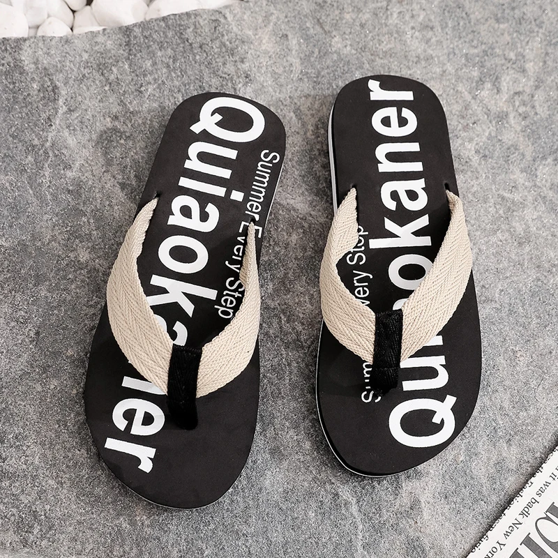 

Summer Men Slippers Black Non-slip Male Sandals Fabric Shoeslace Outdoor Beach Men Flip-flop Flexible Shoes Home Slippers