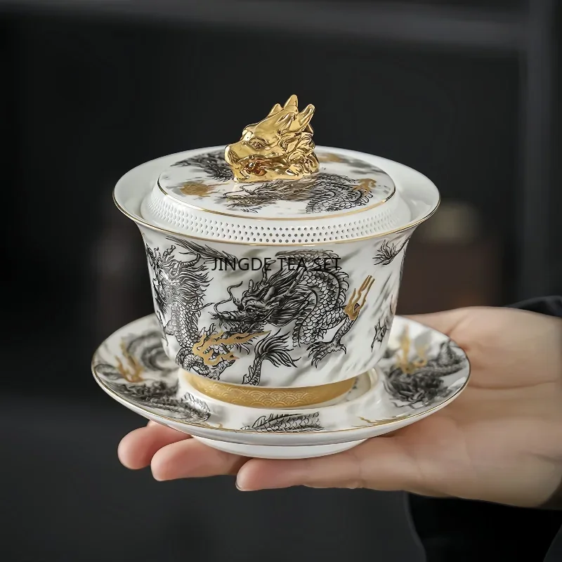 Chinese Dark Dragon White Sheep Fat Jade Porcelain Gaiwan 360&deg; Water Outlet Gold Painted High-end Retro Tea Bowl