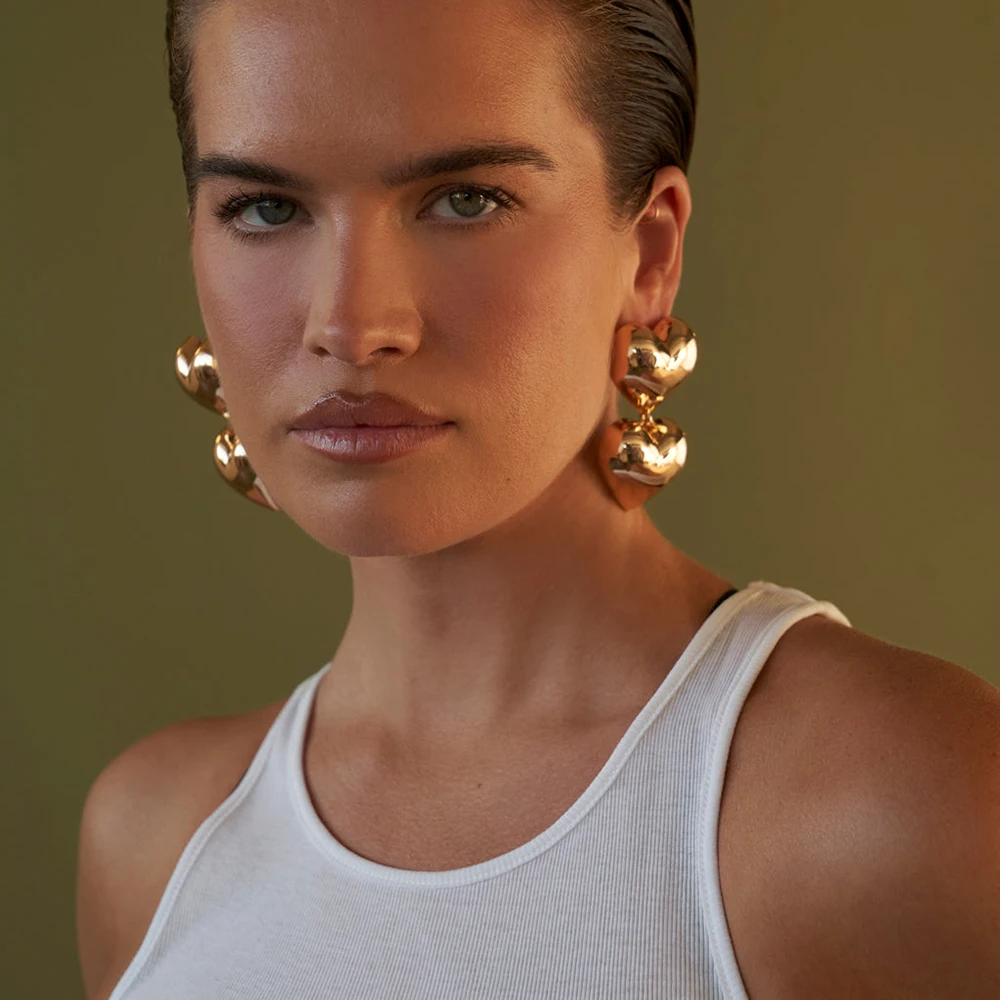 New PVD Stainless Steel Chunky Double Heart Dangle Earrings Classic Versatile Waterproof Hammered Earring Stylish Jewelry Bijoux