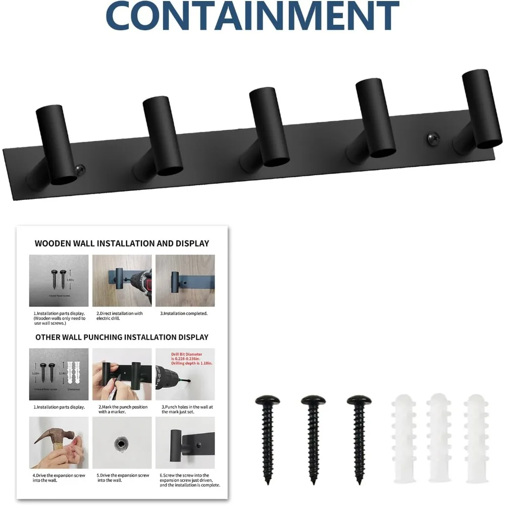 Black Hat and Coat Wall Mount Rack 5 Hooks for Robes, Bags, Keys, and Towels Bathroom Towel Hanger Organizer (1 Pack)