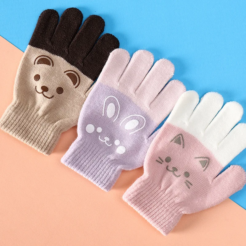 1Pair Cartoon Bear Bunny Pattern Winter Warm Gloves for Kids 3-7T Outdoor Playing Boys Girls