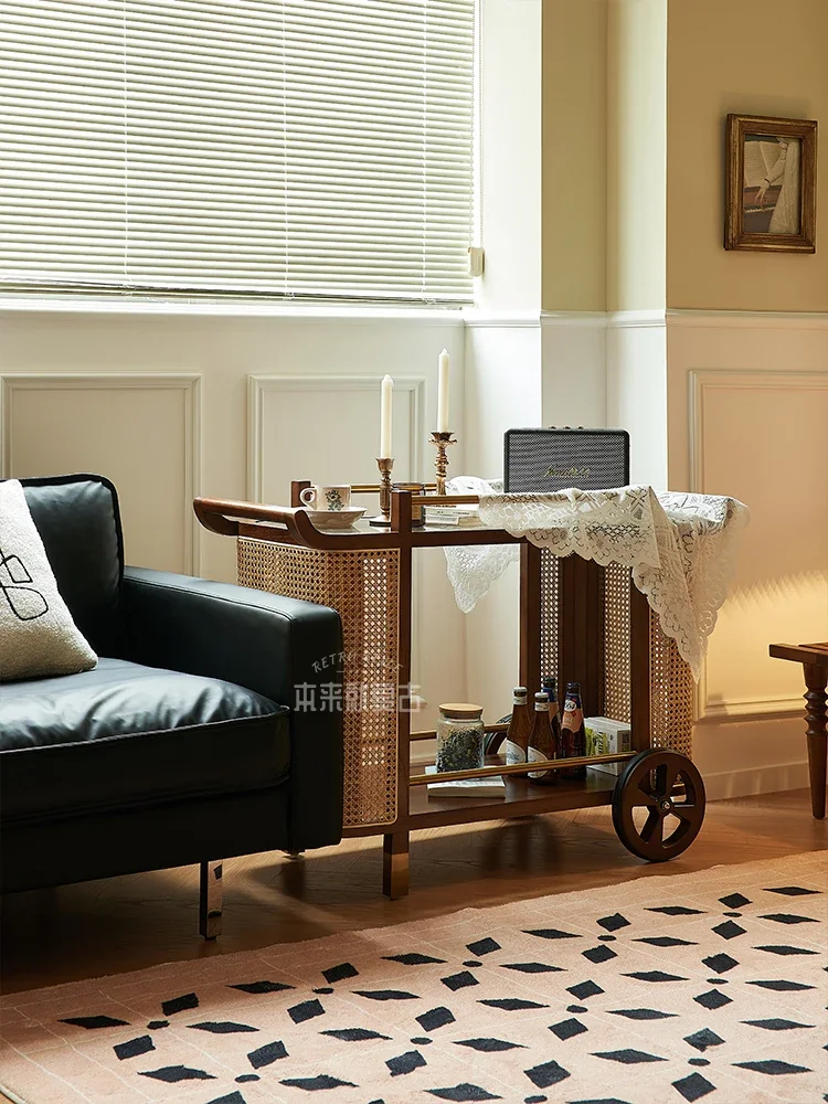 Vintage Ash Wood Rattan Trolley Side Movable Dining Double Shelf Reinforced Glass For Home Hotel Commercial