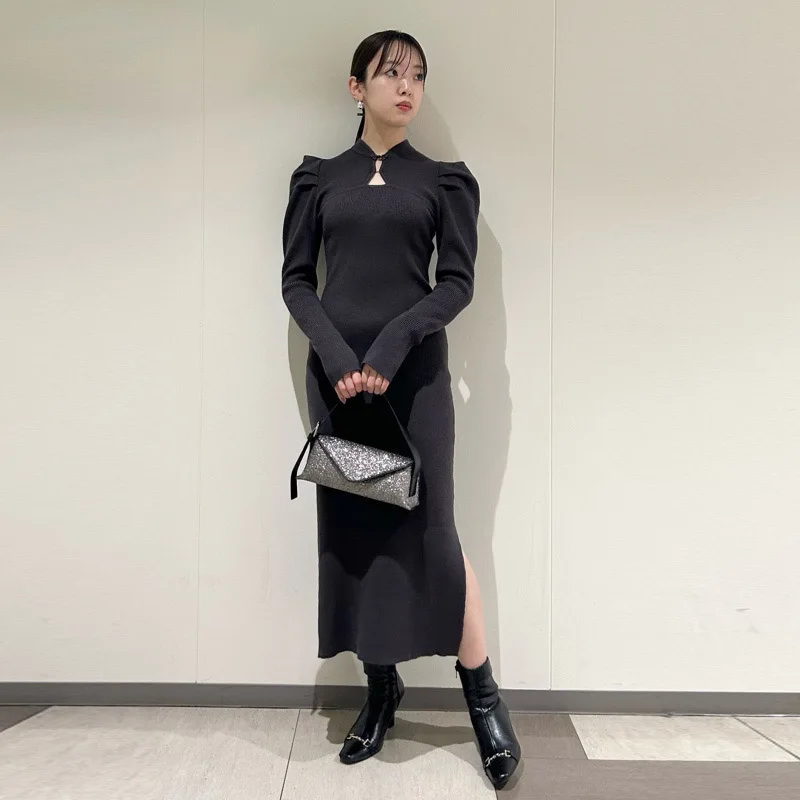 

Women's Clothing Spring and summer new Chinese style plate button puff sleeve knitted dress 01/10