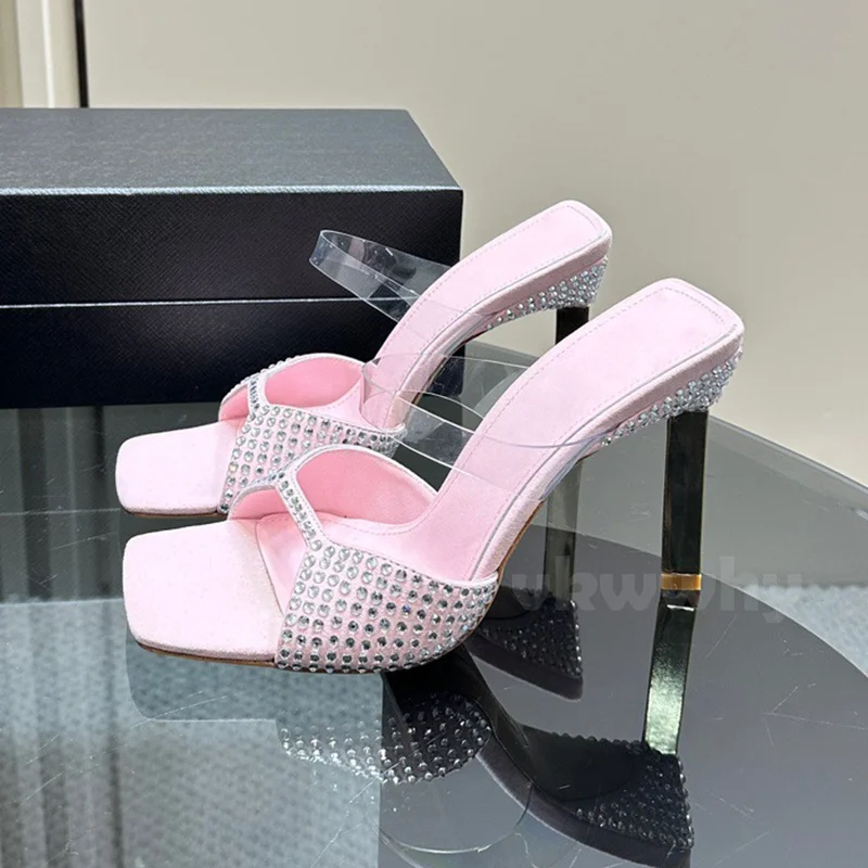 

Summer New Women Slippers Rhinestone Decoration Narrow Band Design Ladies Shoes Hot Selling Items Ultra High Heel Slippers