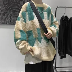 Autumn and winter men's sweater loose trend of personalized student knit sweater Korean round neck color collision pullover