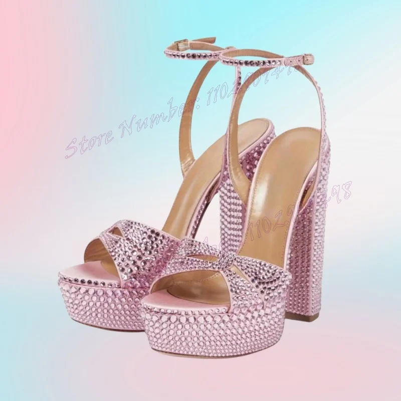 

Pink Rhinestone Chunky High Heels Sandals Open Toe Platform Shoes for Women Ankle Strap Cut Heels Shoes 2024 Zapatos Para Mujere