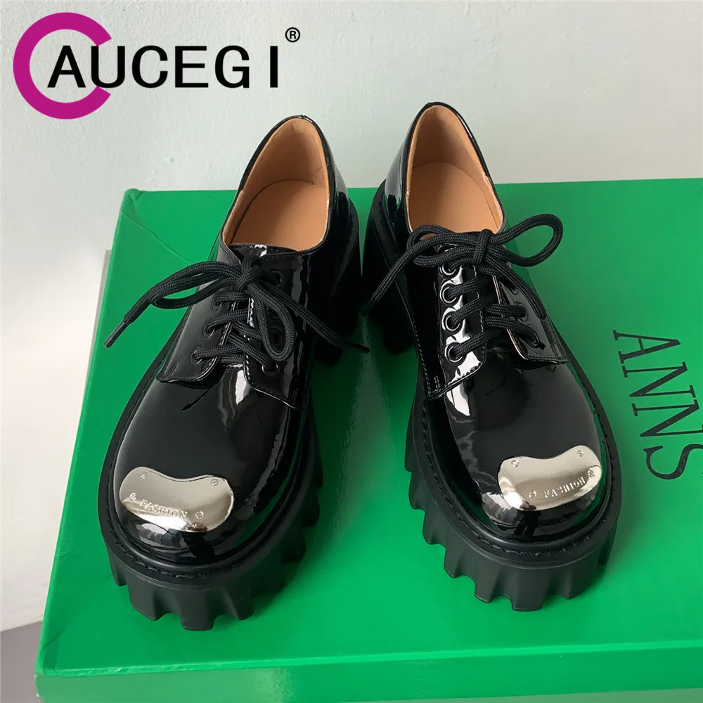 

Aucegi New Punk Women Platform Thick Heels Party Wedding Brogues Shoes Metal Round Toe Ladies Lace Up 2022 Office Pumps Red