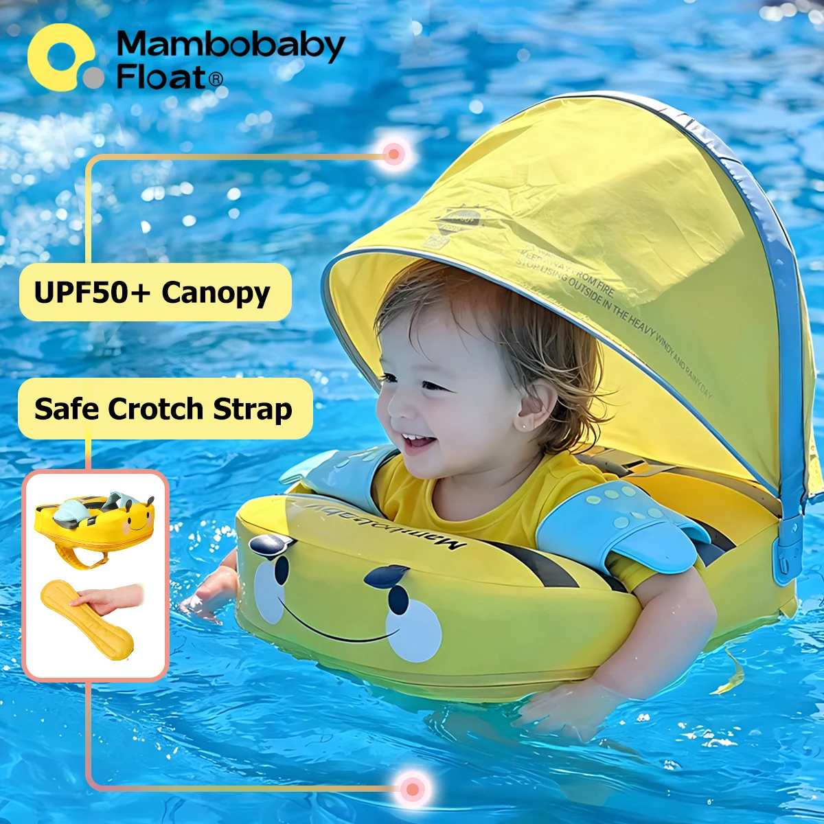 Mambobaby Float with Crotch Strap UPF50+ Canopy Air-Free Non-Inflatable Baby Swimming Ring Toddler Pool Float Infant Water Ring