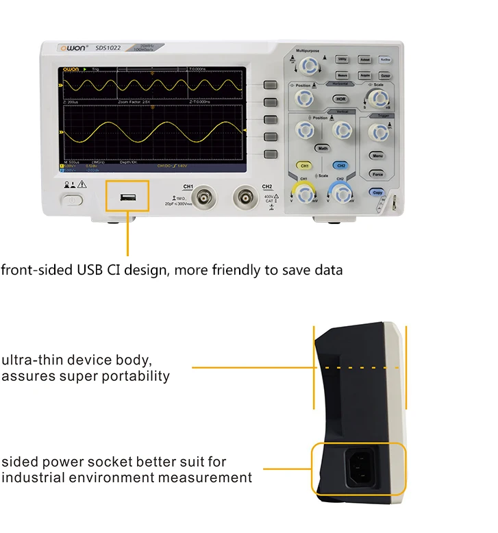Owon SDS1022 SDS1102 SDS1202 SDS1104 1gs/s 100mhz osciloscopio digitální osciloskop 2CH oscillometer 7 palec úložný osciloskop
