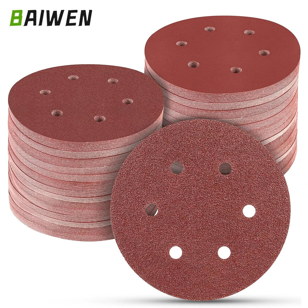 10/50 Stück 6-Loch 125 mm Schleifscheiben-Set Holzbearbeitung Metall Polieren Schleifwerkzeug Körnung 40–800 für Schleifen und Endbearbeitung