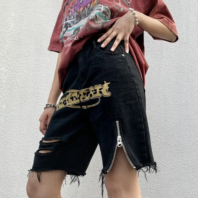 Denim Shorts Letter Print Ripped Large Size American Ins Street Women'S Summer Quarter Pants Versatile Loose Wide Leg Pants