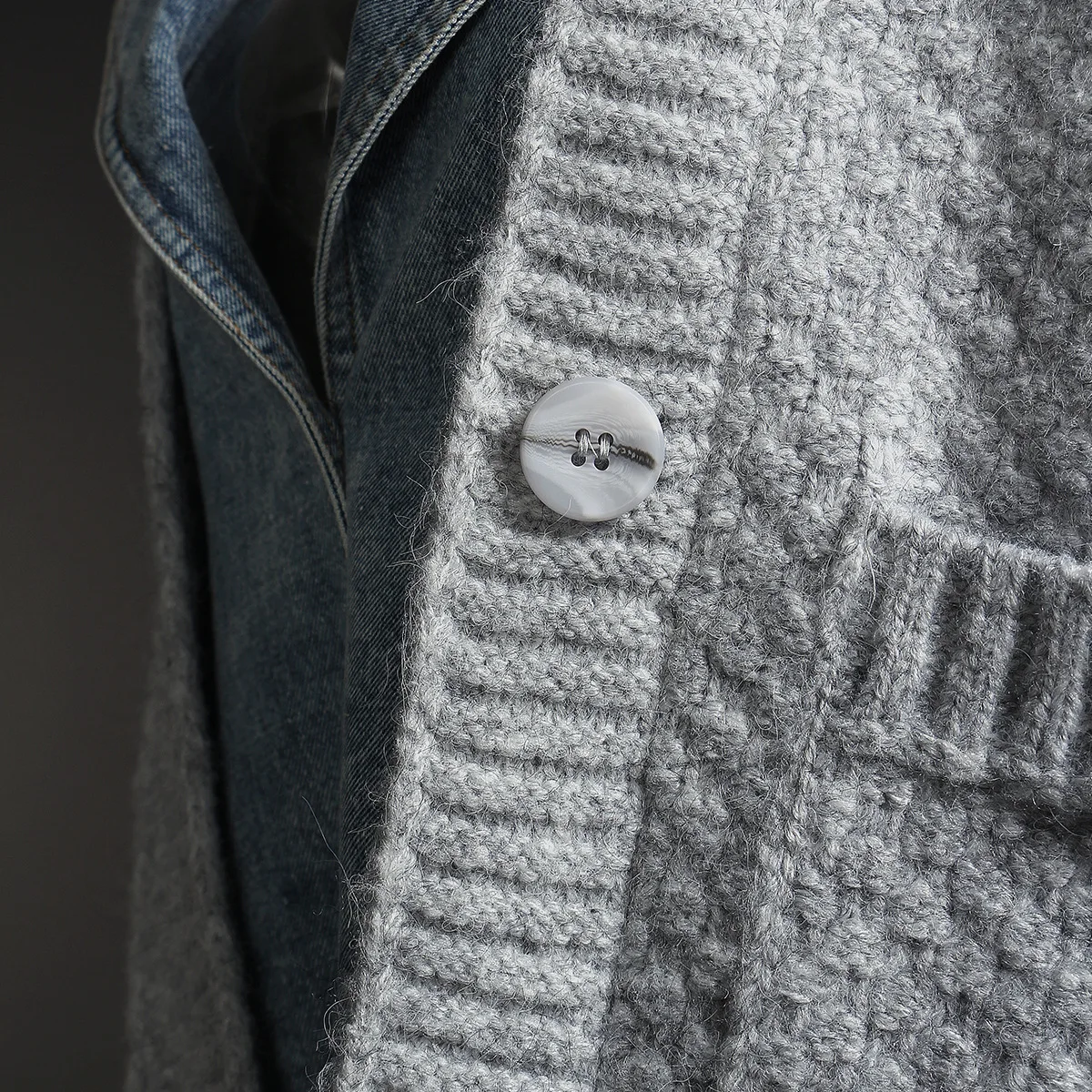 Women Jacket Denim Sweater Thickened Coat Loose Sweater Spliced Fake Two Piece Cardigan