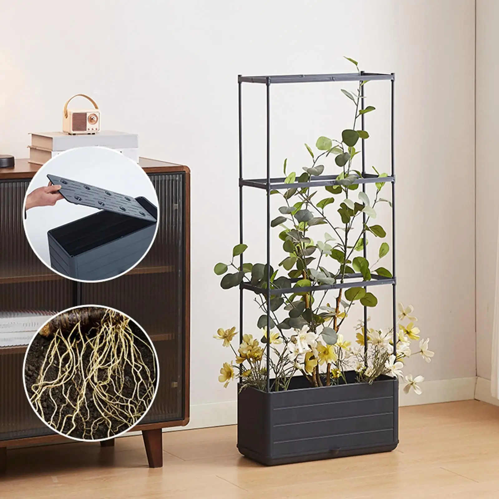 Vertical Gardening Raised Planter Box with Climbing Trellis Self Watering Pot for Balcony Patio Garden Plants