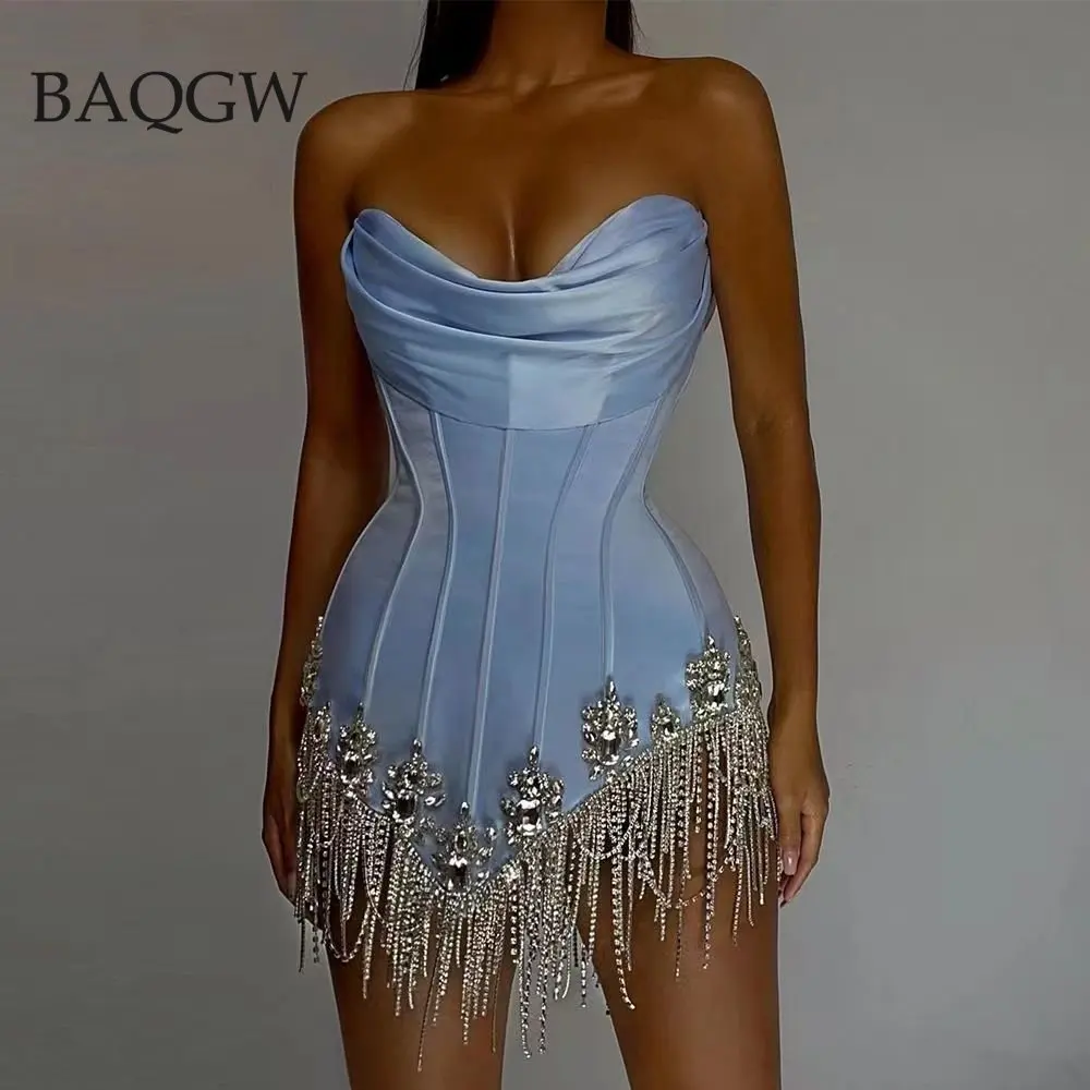 

Fashion Women Sexy Strapless Off Shoulder Luxury Dresses Shiny Diamond Tassel Rayon Tight Mini Bandage Dress Corset Party Dress