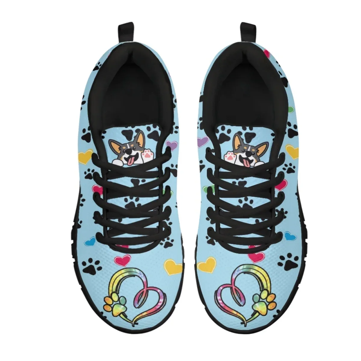 Kawaii Welsh Corgi Cartoon Pattern Flat Shoes For Dog Lovers Lightweight Lace Up Sneakers Breathable Walk Footwear