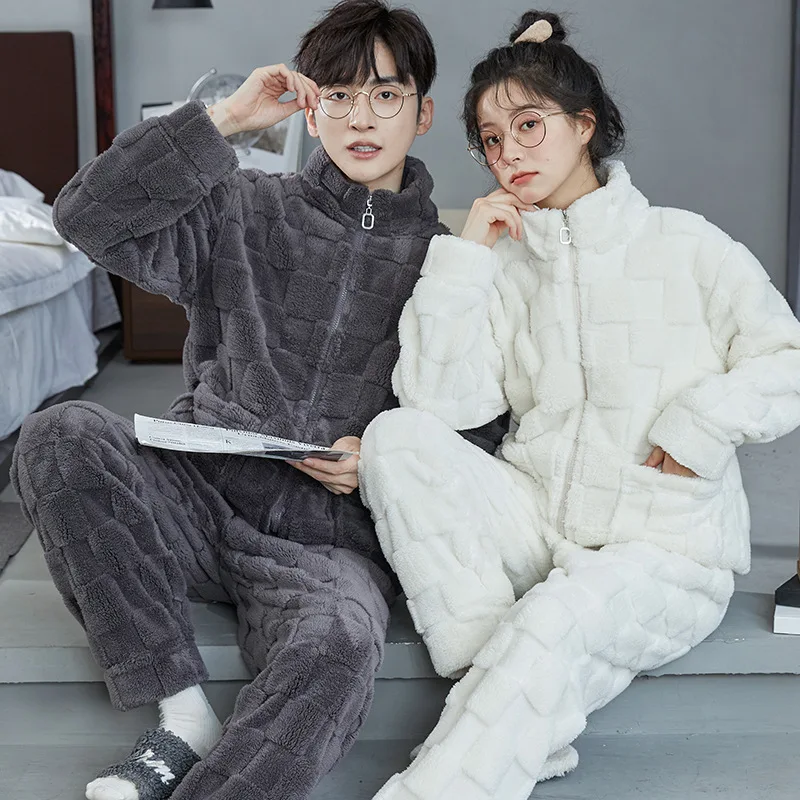 

Thickened Flannel Couple Pajamas Set Sleepwear Winter Warm Coral Fleece Zipper Pyjamas Women Homewear Men pijamas feminino