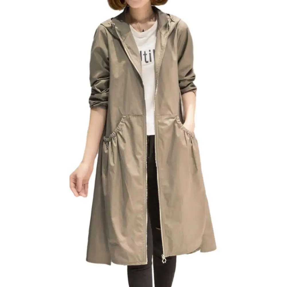 

Women Autumn Hooded Mid-length Windbreaker Zipper Placket Long Sleeve Pockets Solid Color Thin Trench Coat Streetwear 한국 가을옷