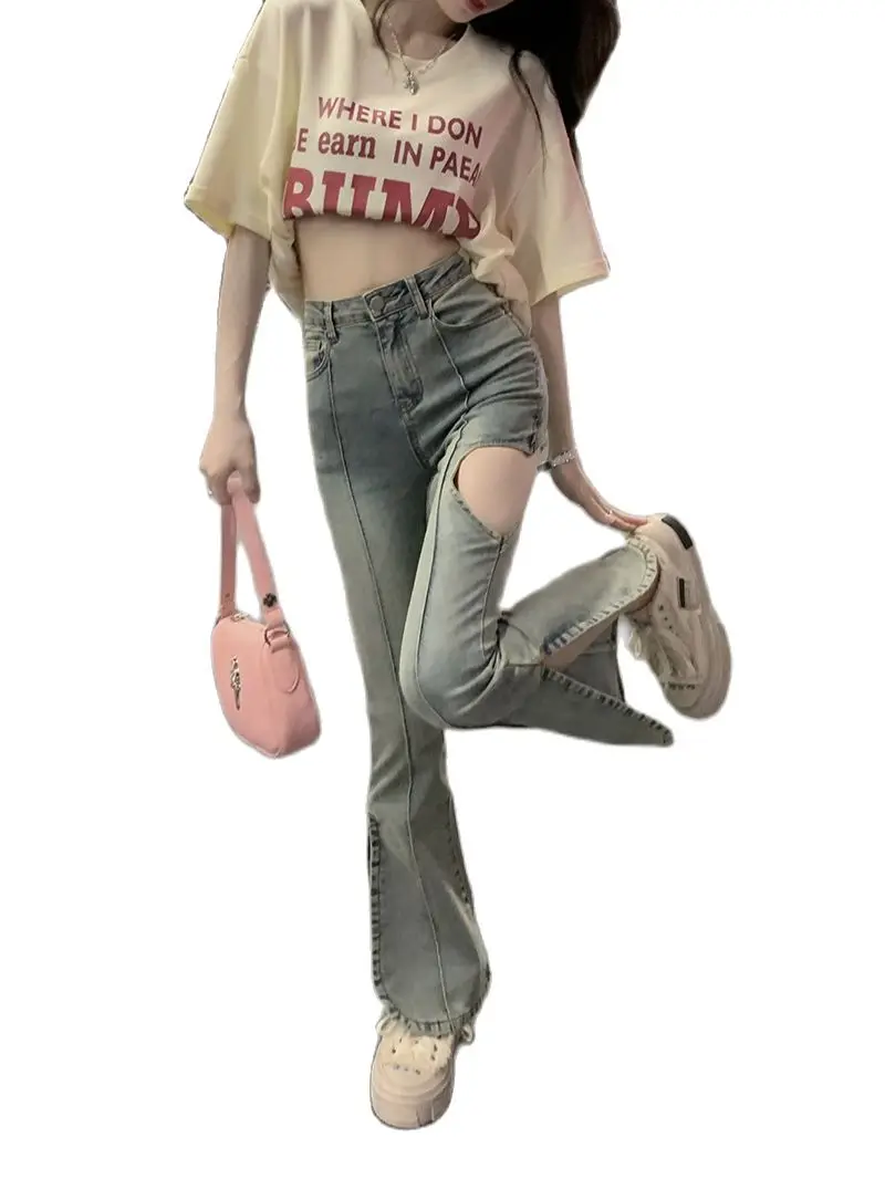 Hollowed Heart Shape Korean Fashion Girls Jeans Flare Hem Vintage Wash Fashion Lady Denim Pants