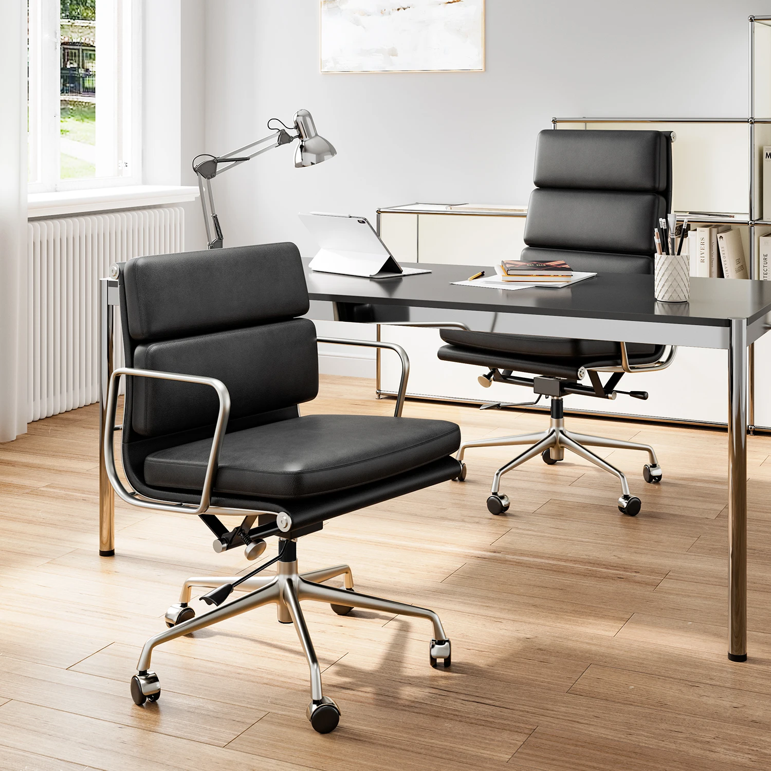 Modern Soft Pad Office Chair Genuine Leather Executive Desk with Lumbar Support Ergonomic Computer Chair with Aluminum Arms 6