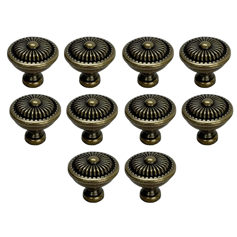 Antique Brass Cabinet Knobs Round Vintage Metal Cabinet Pulls For Dresser Drawer Kitchen Cabinet Door Handle Single Hole 10PCS