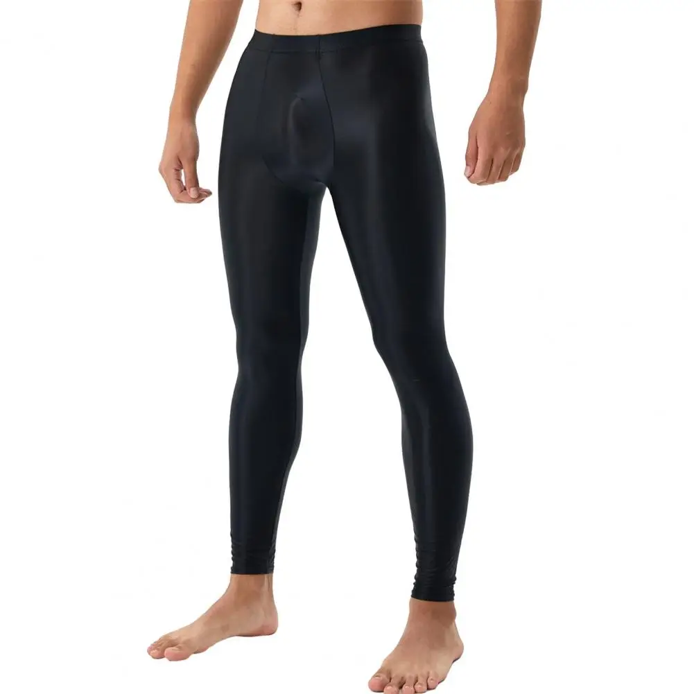 Elastic Pants Men\'s Silky Smooth Slim Fit High Elastic Long Johns Leggings with U Convex Bulge Pouch Soft Breathable Mid Waist