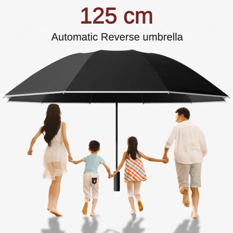 125CM Super Large Reverse Umbrella for Men,10 Bone 3 Folding,Waterproof Rain and Sunshade Big Umbrellas Safety Reflective Stripe