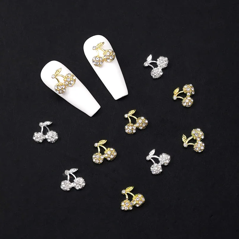 

10pcs Japanese Style Gold Silver Cherry Nail Rhinestone Luxury Nail Art Accessories Glitter Nail Charms DIY Nail Art Decoration