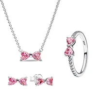 Original 925 Sterling Silver Zircon Pink Shining Bow Set Ring Earrings Bracelets Necklace Original DIY Women Fine Jewelry Gift 1