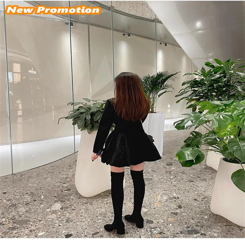High heeled knee length boots, winter plush elastic boots, khaki thick heeled women's spring and autumn long sleeves