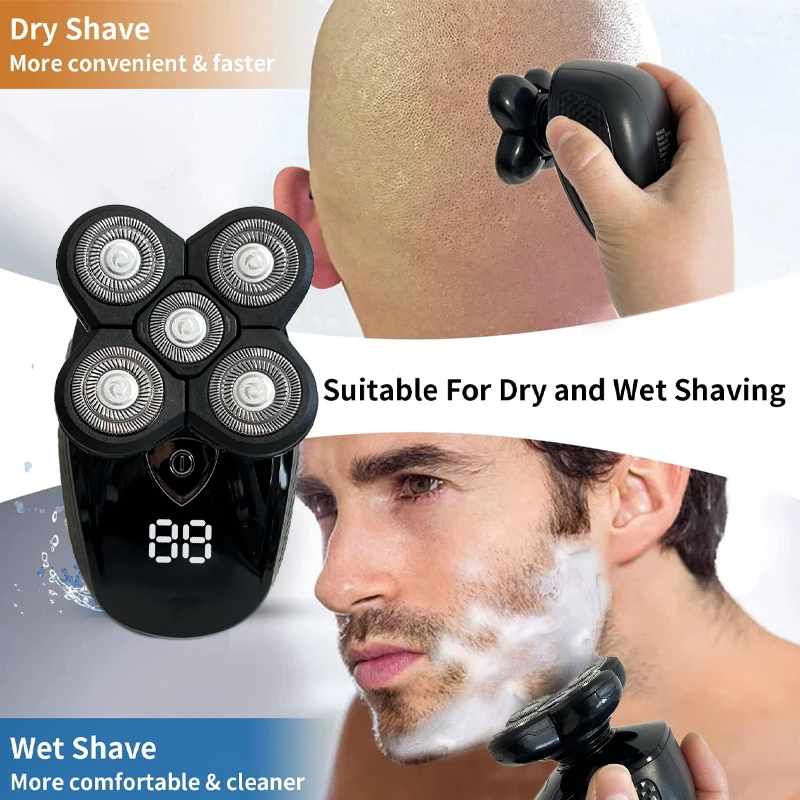 5D Electric Shaver for Bald Men 5 in 1 Professional Mens Razors Shavers Waterproof Bald Shaver Wet&Dry Bald Shaving Grooming Kit 6